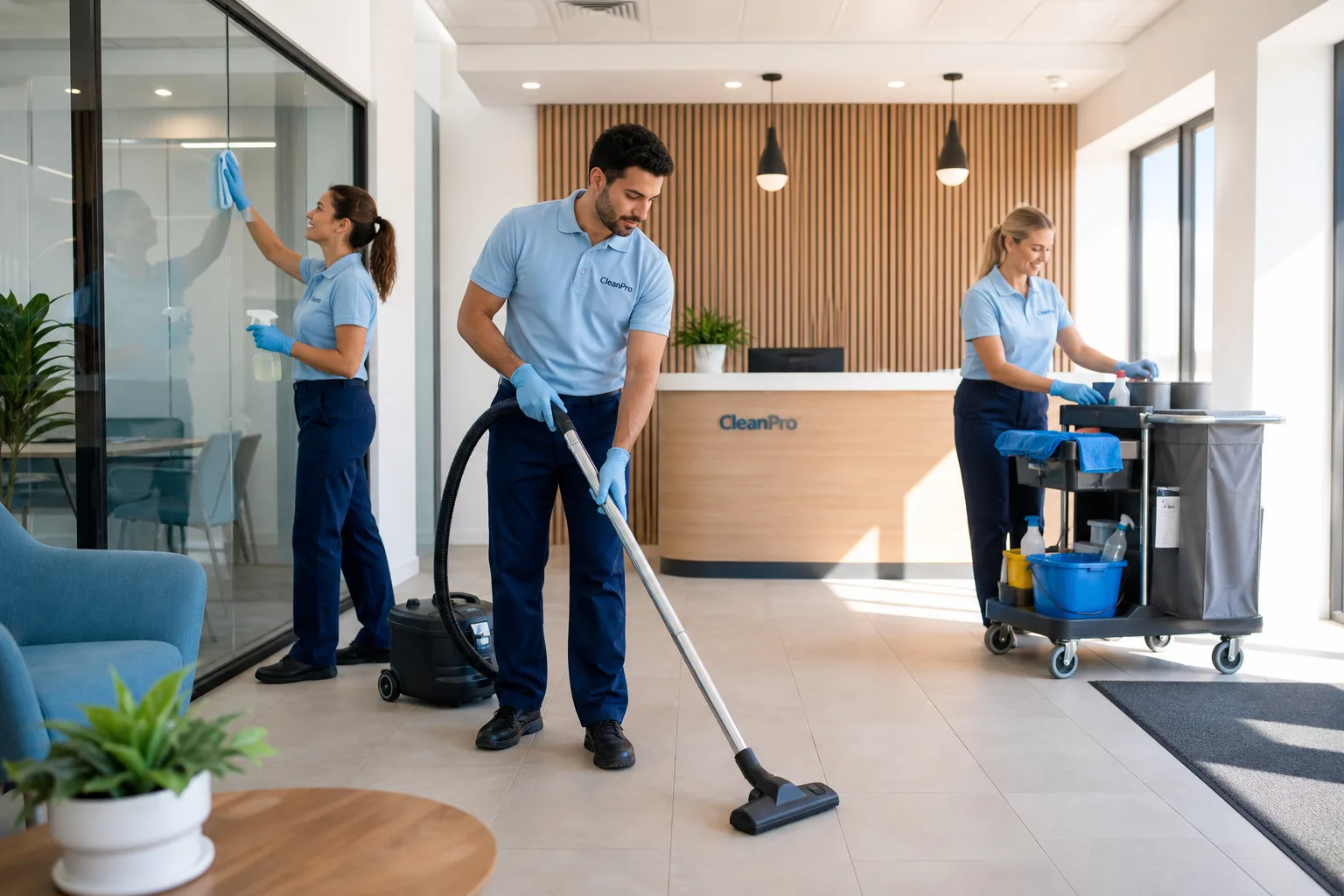 Reinigungsteam der Fiducia Immobilienservice in einem hellen, modernen Empfangsbereich