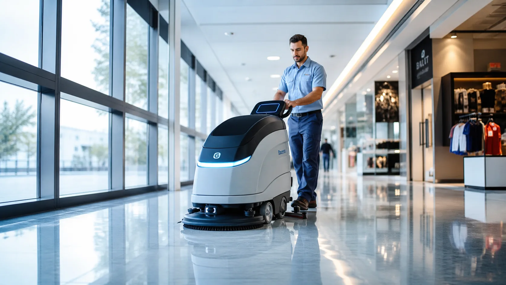 Reinigungsmitarbeiter bedient eine moderne Bodenreinigungsmaschine in einem hellen Korridor